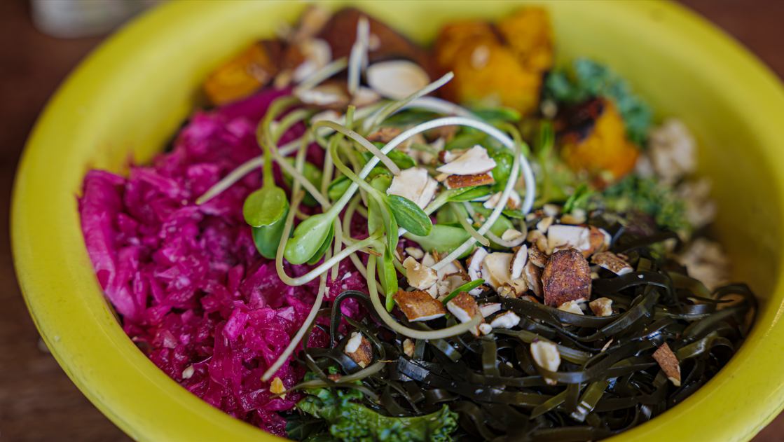 Cafe Gratitude signature dishes I Am Whole (Macrobiotic Bowl)
I Am Grateful (Community Bowl)
I Am Thriving (Lentil & Mushroom Burger on GF Bun)
